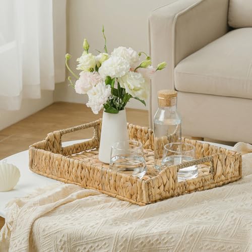 Rectangle Wicker Scalloped Serving Tray with Handles - Seagrass Handwoven Trays,Water Hyacinth Tray for Home Decor and Living Room, Dining Table, Bathroom Organizing, 17.3" L x 13.4" W x 3.6" H - color: Water Hyacinth-rectangle, size: 17.3" x 13.4" x 3.6"