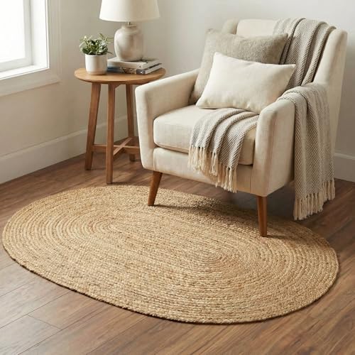 Super Area Rugs Boho Oval Jute Rug - All Natural Soft Jute Braided Hand-Woven Rug Natural Beige 3' X 5' - color: Natural, size: 3' x 5' (Oval)