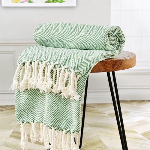 Herringbone Knitted Two Tone Throw Blankets with Braided Tassel Fringe, Boho Farmhouse Lightweight Turkish Throw Blanket for Couch Bed Sofa, Picnic, Yoga, Outdoor Blanket, 50 x 60 Inch, Green - color: Green