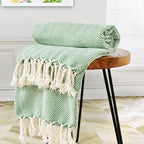 Herringbone Knitted Two Tone Throw Blankets with Braided Tassel Fringe, Boho Farmhouse Lightweight Turkish Throw Blanket for Couch Bed Sofa, Picnic, Yoga, Outdoor Blanket, 50 x 60 Inch, Green - color: Green