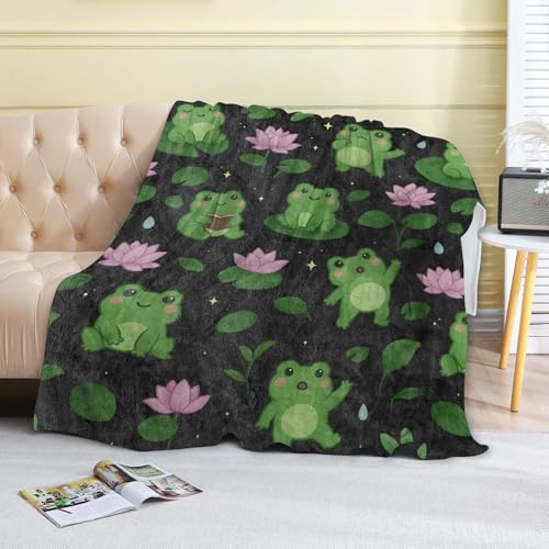 Cute Frog and Lotus Flower Fleece Blanket,50x60in,Kawaii Green Frogs Black Throw Blankets,Soft Cozy Lightweight, Ideal for Bed Living Room Home Decor,Kids Gifts - color: Frog, size: 50x60 Inch