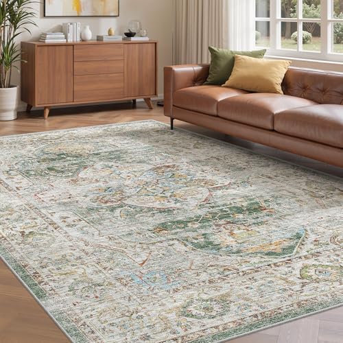 befbee 5x7 Area Rugs for Living Room,Stain Resistant Washable Rug,Non-Slip Backing Rugs for Bedroom,Kitchen,Printed Vintage Home Decor Rug (Green, 5'x7') - color: Green, size: 5' x 7' (Rectangular)