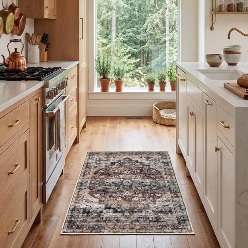 GarveeHome Washable Area Rug 2x3 Entryway Rug Vintage Distressed Small Rugs Floral Doormat Non Slip Low Pile Throw Carpet for Bedroom Kitchen Laundry Brown - color: Brown, size: 2' x 3' (Rectangular)