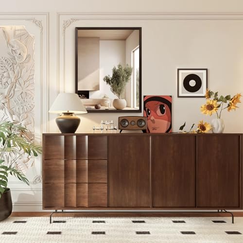Walnut Wood Bathroom Mirrors for Wall Mounted, 36" x 28" Rectangle Rustic Wood Framed Wall Mirror, Decorative Farmhouse Mirror for Bathroom, Bedroom, Entryway, Horizontally/Vertically - color: Walnut, size: 36"L x 28"W