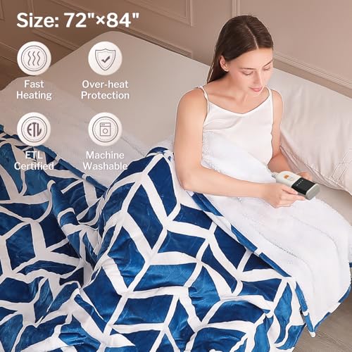 VENTIMI Electric Heated Blanket Full Size, 72" x 84" Heated Blanket with 9 Heat Levels & 2 to 10 Hours Auto Off, Fast Heating Blankets with ETL & FCC Certification, Navy - color: Navy, size: Full