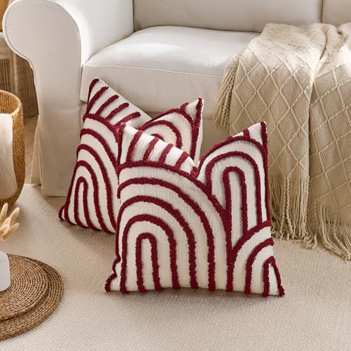 vctops Boho Throw Pillow Covers Set of 2, Modern Mid Century Arched Tufted Decorative Cushion Cover Farmhouse Rustic Geometric Textured Pillowcases for Sofa Bed Living Room (Burgundy,18"x18") - color: Burgundy