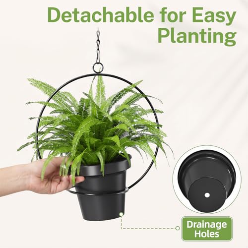 iDavosic.ly Wall Plant Holder Set of 2 for Outdoor with 2 Hanging Planters, Metal Hanger with 2 Hooks, Floating Flower Display Stand for Window, Space Saving & Easy to Assemble - color: Black with 2 Pots, size: 2 Pack