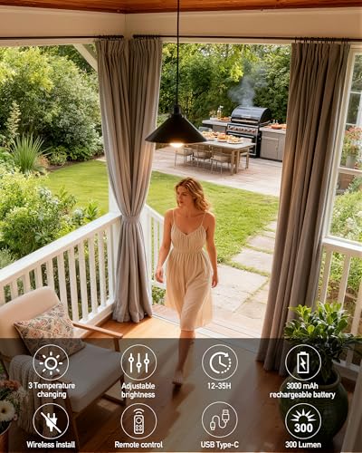 Bailoch 1 Pack Black Battery Operated Pendant Lights, Rechargeable No Wiring Chandelier with Remote，Wireless Battery Powered Hanging Lamp Fixture for Ceiling Kitchen Island Dining Room Hallway Bedroom