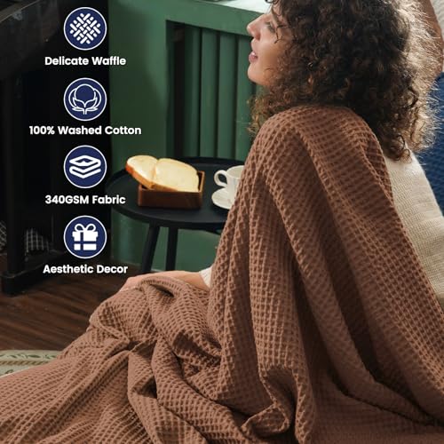 PHF Pre-Washed Cotton Waffle Weave Blanket Throw Size for Couch Bed,Snag Proof Spring Summer Lightweight Breathable,Oeko-TEX Certified,Machine Washable, Home Decor Gift，Cappuccino - color: Cappuccino, size: Throw(50" x 60")