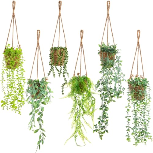 Giegxin Summer Mini Hanging Artificial Plant with Woven Basket Boho Fake Plants Ivy Faux Vines Eucalyptus Leaf for Indoor Home Wall Shelf Decor(6 Set,Green,Artificial Hanging Plants) - size: Standard Hanging