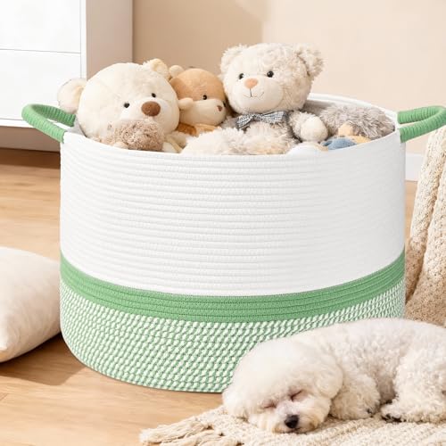67L Large Blanket Basket, 20"x13" Blanket Basket Living Room, Woven Baskets With Handle, Toy Baskets for Blankets, Nursery, Dog, Pillow, Gift (White & Green) - color: White & Green, size: 67L