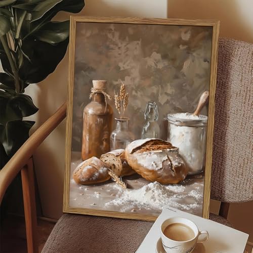 Framed Vintage Kitchen Wall Art, Rustic Bread and Flour Pictures Wall Decor Paintings, Farmhouse Food Poster Canvas Prints Country Home Decor for Dining Room Living Room Bakery 16x24 inch - color: Bread, size: 24"L x 16"W