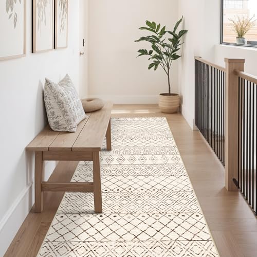 2'6"x8' Washable Hallway Runner Rug - Moroccan Kitchen Non Slip Rug Low Pile Floor Carpet with Rubber Backing Vintage Indoor Mats for Living Room Bedroom Laundry 2'6"x8' Geo Beige - color: Geo Beige, size: 2'6" x 8' (Rectangular)