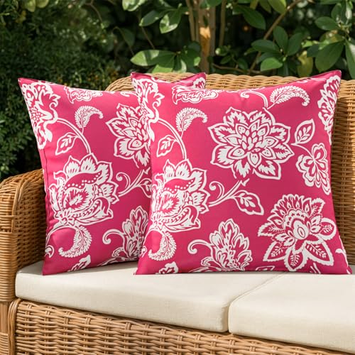 Decorative Outdoor Floral Pillow Covers Set of 2,Waterproof Boho Farmhouse Throw Pillows Summer Accent Pillowcases for Patio Furniture Garden Sofa 18x18 Inch, Hot Pink - color: Hot Pink