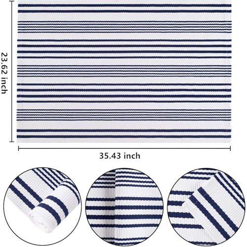 Blue and White Striped Outdoor Rug 24'' x 35'' Door Mat Outdoor Machine Washable Welcome Mats Cotton Hand-Woven Entryway Rug for Front Porch/Entryway/Laundry/Bathroom/Bedroom - color: Blue Striped, size: 2' x 3' (Rectangular)
