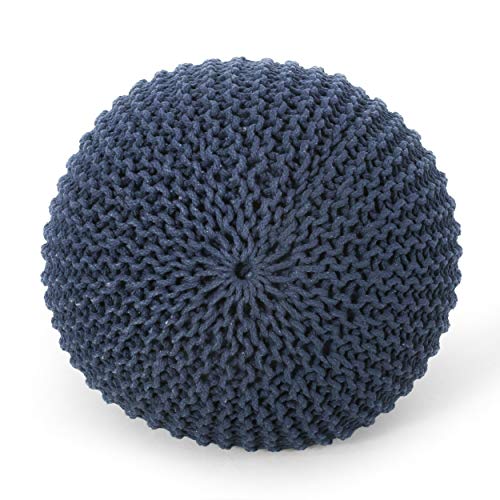 Round Boho Pouf Ottoman - Cable Knitted Cord Boho Pouffe - Stuffed Poof Accent Beanbag Footrest for Living Room - Nursery - Bedroom - Covered Patio - Study Nook (20"x20"x13") (Navy Blue) - color: Navy Blue