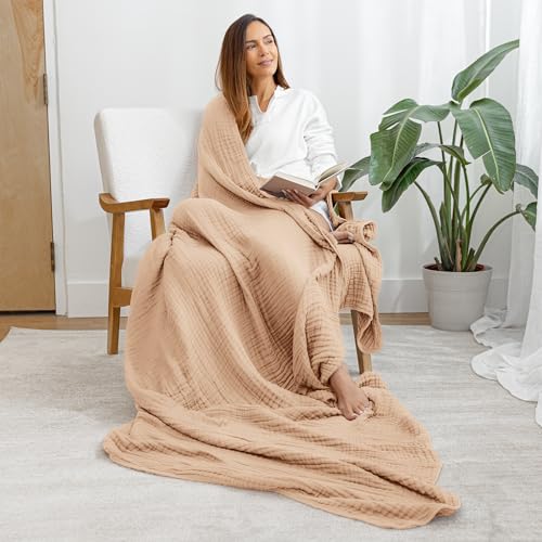 Comfy Cubs Muslin Throw Blanket - 50” x 60” Quilted Design - Lightweight, Breathable 6-Layer Gauze Fabric - Soft Cotton Blanket for Home or Travel - Packaged in Elegant Gift Box - Cream - color: Cream, size: Throw - 50" X 60"