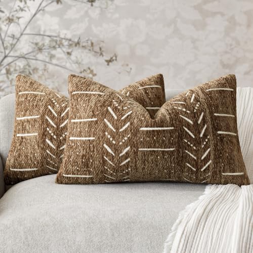 Home Décor Decorative Boho Chenille Throw Pillow Covers, Neutral Lumbar Cushion Covers, Textured Soft Farmhouse Pillowcase for Couch Sofa Bed Living Room, 12×20 Inch, Set of 2, Brown Orange - color: Lion, size: 20" x 12" (Pack of 2)