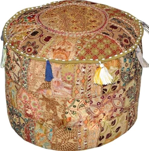 Indian Pouf Footstool Ethnic Embroidered Pouf Cover, India Cotton Round Pouffe Ottoman Pouf Cover Pillow Ethnic Decor Art-Cover Only-Indian Ottoman poufs - color: Beige, size: 22"D x 22"W x 14"H