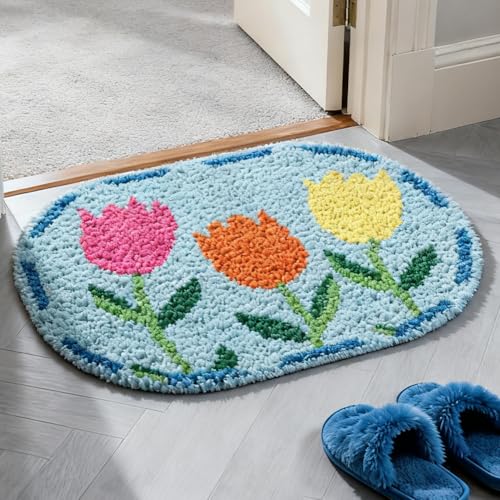 ORIGACH Tulip Latch Hook Rug Kit for Adults Printed Rug Making Kit Handmade Carpet Tapestry Cover with Hook Latch and Preprinted Canvas, Home Arts Crafts Sofa Decor, 20.5x15inch - style: Tulip