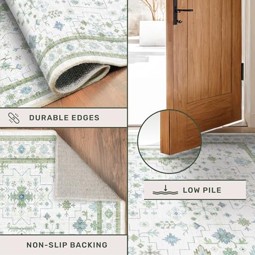 Washable Boho Bathroom Rug 2x3 - Small Throw Area Rugs for Powder Room, Laundry, Kitchen, Blue and Green Oushak Modern Eclectic Geometric Floral Pastel Decor, Low Pile Non-Slip Stain Resistant - color: Cream Green, size: 2' x 3' (Rectangular)