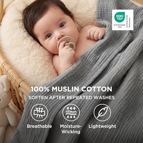 Bedsure 100% Cotton Muslin Throw Blanket Twin XL for Bed - 4-Layer Breathable and Lightweight Soft Gauze Muslin Blankets for Adults, PureWoven Thin Summer Blanket for College Dorm, Grey, 66x90 Inches - color: 02 - Grey, size: Twin XL (66" X 90")