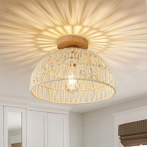 Boho Ceiling Light Fixture Rattan Flush Mount Ceiling Light Bedroom Chandelier Hand-Woven Lamp Shade Wooden Base Small Chandelier Boho Ceilings Lamp for Hallway Nursery Kitchen - color: Cream white-Ceiling light
