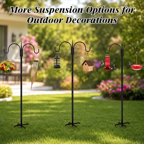 FEED GARDEN Heavy Duty Shepherds Hook 76" Double Hooks Adjustable (44/60/76") - Alloy Steel 5-Prong Base, 17lb Capacity - Easy Assembly Bird Feeder Pole for Hanging Planters, Lanterns, Wind Chimes - size: 76 Inch