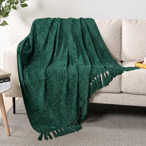 PAVILIA Emerald Green Blanket for Couch, Twin Size Bed, Chenille Throw for Sofa Bed, Soft Knit Woven Blanket with Decorative Tassel for Living Room, Emerald Green 60x80 - color: Emerald Green, size: 60 X 80 Inches - Twin