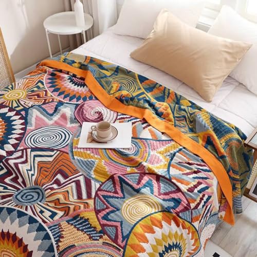 Boho Throw Blanket for Bed 100% Cotton Bohemian Blankets Ultra Soft Woven Muslin Decorative Blankets All Seasons Vintage Quilt Knitted Blanket for Sofa Chair (Colorful, 80"x90") - color: K-colorful World, size: 80"x90"