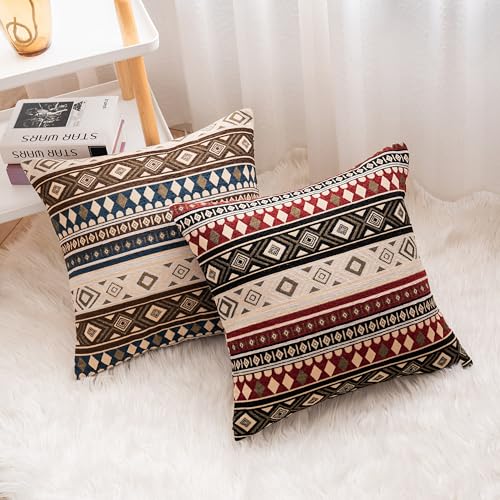 Couch Decorative Farmhouse Boho Throw Pillow Covers 18X18 Inch Set of 4 Vintage Hippie Pillow Cases Colorful Textured Pillows for Sofa Living Room Bedroom Summer Outdoor Patio Porch - color: Rustic Folk, size: 18" x 18" (Pack of 4)