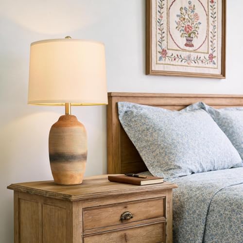 24.5" Handcrafted Ceramic Table Lamp with 5FT Cord, Single Farmhouse Vintage Rustic Bedside Lamp for Living Room Bedroom, Linen Shade Nightstand End Table Decor (Bulb Not Included)Earthy Yellow - color: 24.5" Earthy Yellow