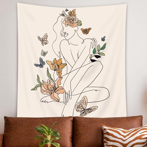 SVBright Abstract Woman Fabric Wall Hanging Tapestry 51Wx59H Inch Simple Modern Butterfly Flower Leaves Minimalist Art Line Plant Aesthetic Portrait Sketch Home Decor Art for Living Room Bedroom Dorm - color: Modern Abstract Woman, size: 59"L x 51"W