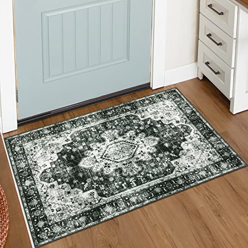 Moynesa Washable 2x3 Entryway Rug Small Front Door Mat, Black and White Kitchen Rugs Non Skid Non-Slip with Rubber Backing, Distressed Low Pile Throw Carpet for Indoor Outside Entrance - color: Black/White, size: 2' x 3'