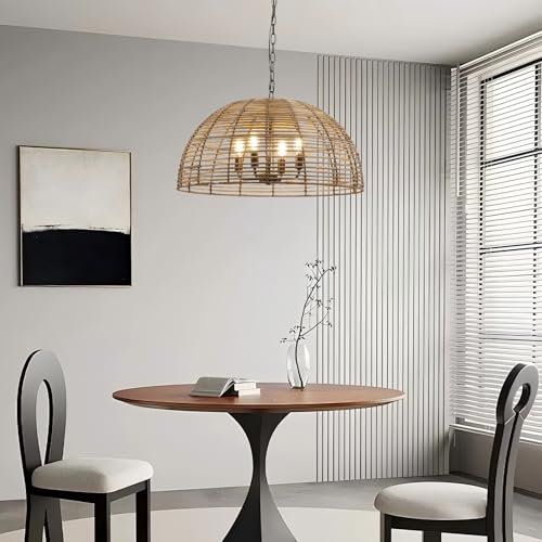 OCIOC Rattan Pendant Lighting, 23.6" Kitchen Island Hanging Light Fixtures,Large Boho Hand-Woven Chanderlier, E26 Farmhouse Retro Ceiling Chandelier 4-Lights For Dining Room Kitchen Island Living Room - size: 23.6" 4-Light