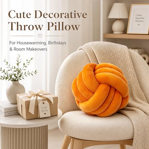 Petrella Knot Pillow, 8 Inch Orange Round Velvet Throw Pillow Ball Cushion, Machine Washable Soft Decorative Accent Pillow for Couch, Sofa, Bed, Home Decor - color: A1-orange, size: 8inch