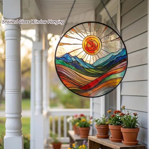 Sun Mountains Stained Glass Window Hanging, 9.8’’Sun Catcher Glass Panel Boho Wall Art Decor with Chain, Hand Painted Round Glass Gifts for Couples, Housewarming Gift - color: Sun Mountains
