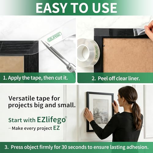 EZlifego Double Sided Tape Heavy Duty, Nano Double Sided Adhesive Tape, Clear Mounting Tape Picture Hanging Adhesive Strips (9.85FT) - size: 9.85 Feet