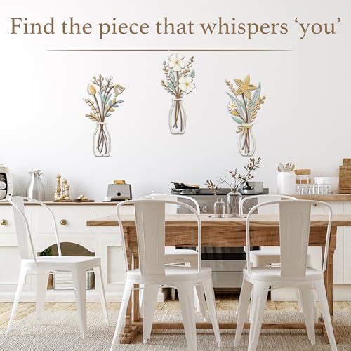 3 Piece Metal Flower Wall Art for Bedroom Living Room Rustic Farmhouse Floral Wall Decor for Bathroom Dining Room Boho Home Decorations Modern Minimalism Walls Hanging Sculptures(Gold Yellow White) - color: Gold Yellow White & Vase Flower