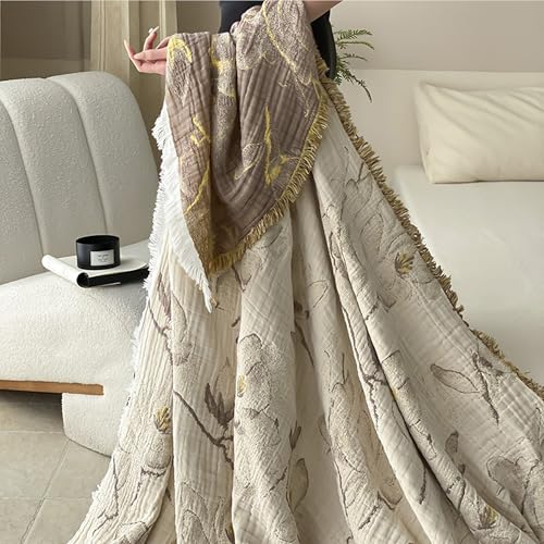 Lemfux 4-Layer 100% Cotton Muslin Cooling Blanket, Boho Floral Gauze Throw with Fringe, Ultra Soft Breathable Lightweight Bedspread Coverlet for Bed Sofa Couch - color: Magnolia Floral, size: 60"x80"