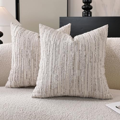 Striped Throw Pillow Covers 22x22 Set of 2 Beige Textured Boucle Chic Morden Boho Accent Farmhouse Decorative Chenille Pillow Covers for Home Decor Bed Sofa Living Room - color: Beige, size: 22" x 22" (Pack of 2)