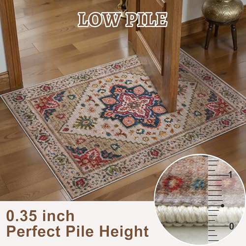 Tangsoo Vintage Small Rug 2x3 Washable Rugs for Entryway Non-Slip Oriental Low Pile Rug for Front Door, Kitchen, Indoor, Accent Throw Small Area Rug, Door Mat for Entrance, Soft Boho Beige/Red - color: Beige/Red, size: 2' X 3' (Rectangular)