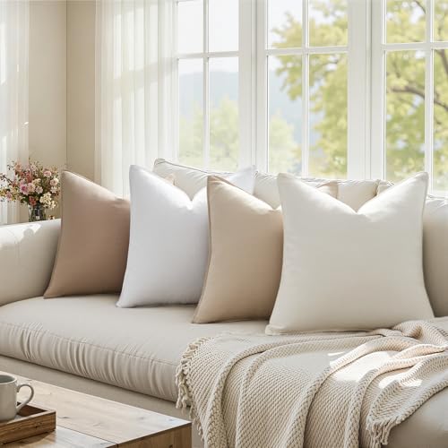 Pack of 4 Neutral Linen Pillow Covers 18x18 Cordinated Color Set for Easy Matching Boho Decorative Throw Cushion Covers with Flange for Sofa Living Room Bed and Balcony Home Decor - color: Neutral, size: 18" x 18" (Pack of 4)