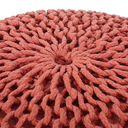 Round Boho Pouf Ottoman - Cable Knitted Cord Boho Pouffe - Stuffed Poof Accent Beanbag Footrest for Living Room - Nursery - Bedroom - Covered Patio - Study Nook (20"x20"x13") (Coral) - color: Coral