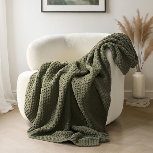 EVERGRACEHOME Chunky Chenille Knit Throw Blanket for Couch, Soft Luxurious Moss Stitch Chair Blankets for Bed, Cozy Decorative Farmhouse Knitted Throws for Sofa, Olive Green, 50" x 60" - color: Olive Green, size: 50" X 60"