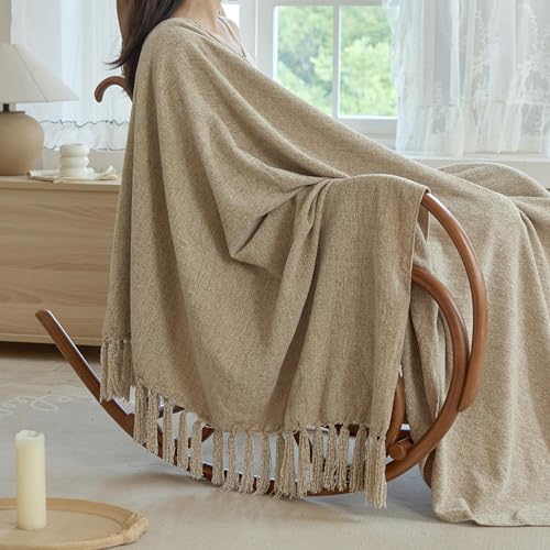 Simple&Opulence Soft Chenille Throw Blanket 50'' x 60'' - Cozy Fluffy Blanket with Fringe Tassel, Farmhouse Boho Blankets for Couch Bed Office Chair Gift Home Decor All Season Use, Khaki - color: Khaki