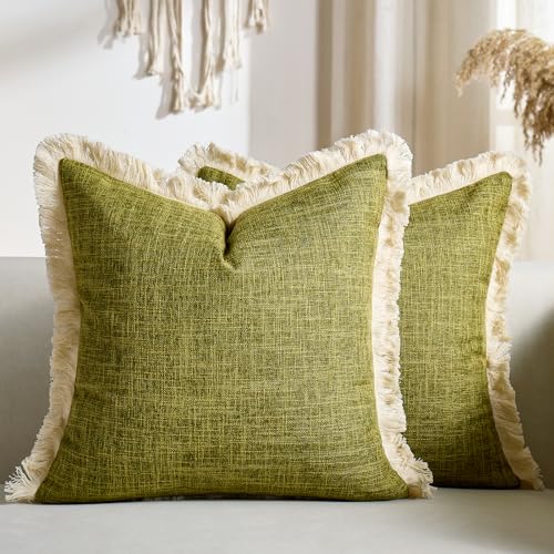 Green Faux Linen Throw Pillow Covers 18x18 Inch with Tassels Fringed Boho Farmhouse Decorative Pillowcases Rustic Woven Textured Burlap Cushion Covers for Couch Chair Sofa Bed Living Home Decor - color: Green, size: 18" x 18" (Pack of 2)