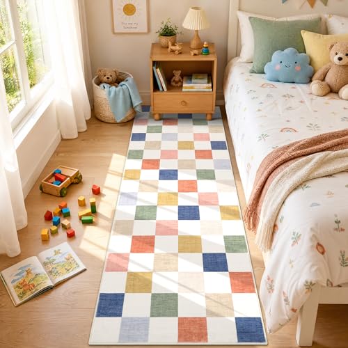 GarveeHome Checkered Colorful Rainbow 2x6 Washable Kitchen Runner Rug Geometric Modern Soft Low-Pile Stain Resistant Kids Rug for Bedroom Hallway Entryway Non-Slip TPE Backing - color: Colorful, size: 2' x 6' (Rectangular)