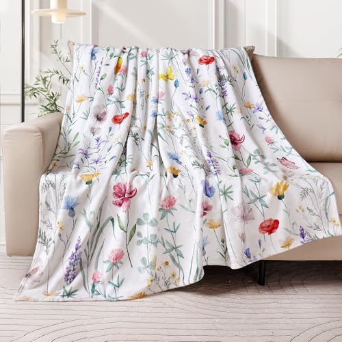 Spring Floral Throw Blanket Watercolor Wildflower Blankets Flower Butterfly Bed Blanket Botanical Plant Leaf Flannel Fleece Throw Blanket for Couch “50x60” - color: Butterfly, size: 50" X 60"