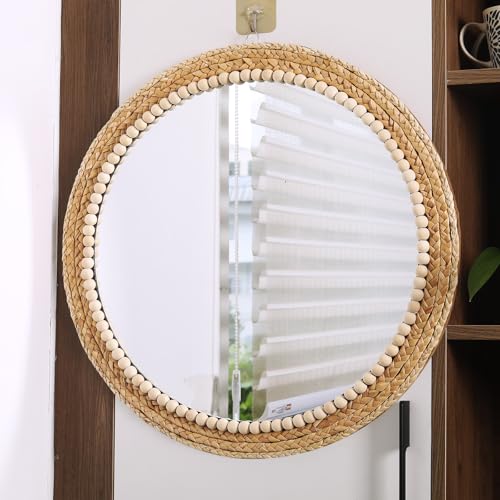 21 Inch Boho Round Hanging Wall Mirror Decorative Rattan Circle Wall Mounted Mirror for Farmhouse, Living Room, Bedroom, Bathroom - color: 21 Inch Wood